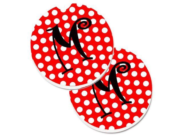 Carolines Treasures CJ1012-MCARC Letter M Initial Monogram Red & Black Polka Dots Set of 2 Cup Holder Car Coaster