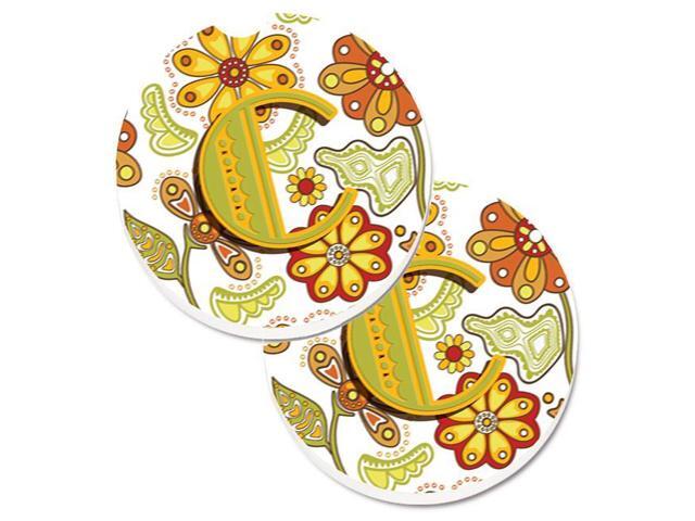 Carolines Treasures CJ2003-CCARC Letter C Floral Mustard & Green Set of 2 Cup Holder Car Coaster