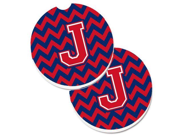 Carolines Treasures CJ1054-JCARC Letter J Chevron Yale Blue & Crimson Set of 2 Cup Holder Car Coaster