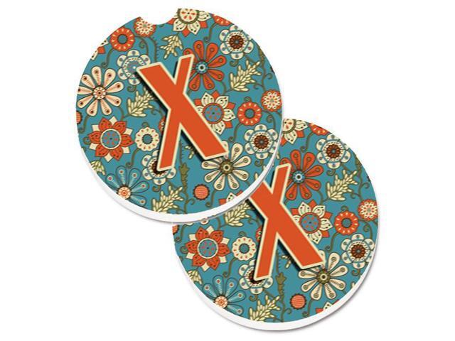 Carolines Treasures CJ2012-XCARC Letter X Flowers Retro Blue Set of 2 Cup Holder Car Coaster