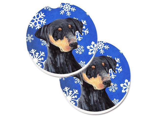 Carolines Treasures SC9377CARC Doberman Winter Snowflakes Holiday Set of 2 Cup Holder Car Coaster