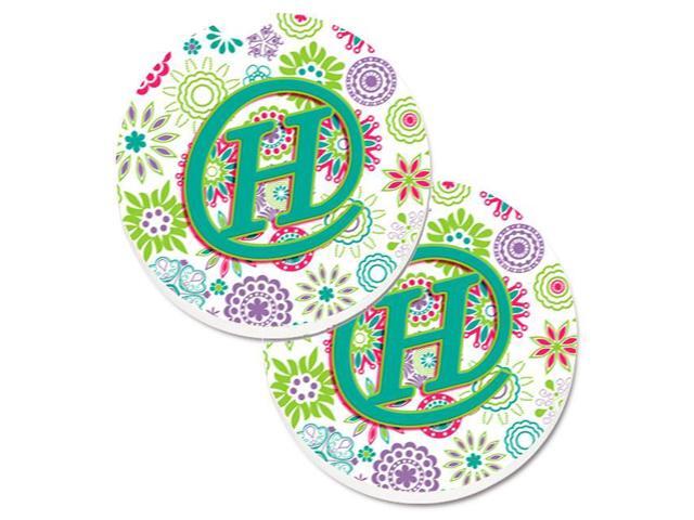 Carolines Treasures CJ2011-HCARC Letter H Flowers Pink & Teal Green Initial Set of 2 Cup Holder Car Coaster