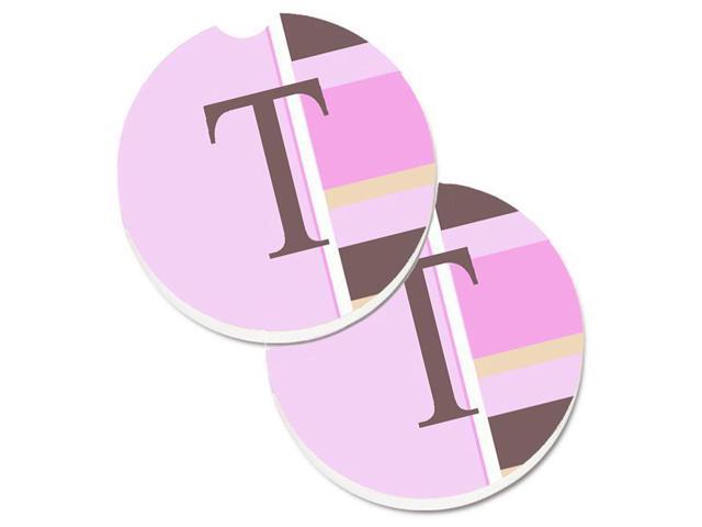 Carolines Treasures CJ1005-TCARC Letter T Initial Monogram Pink Stripes Set of 2 Cup Holder Car Coaster