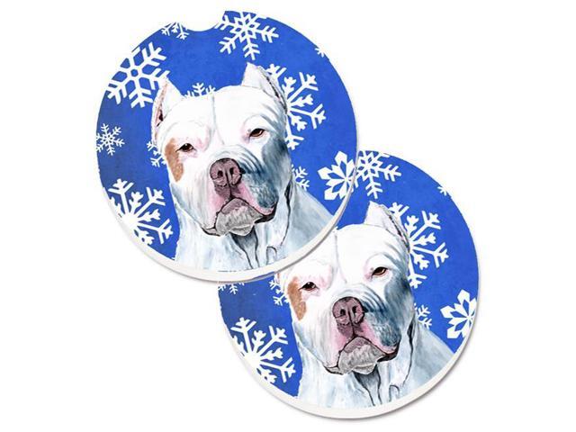 Carolines Treasures SC9381CARC Pit Bull Winter Snowflakes Holiday Set of 2 Cup Holder Car Coaster