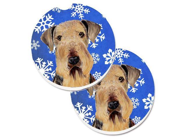 Carolines Treasures SC9373CARC Airedale Winter Snowflakes Holiday Set of 2 Cup Holder Car Coaster