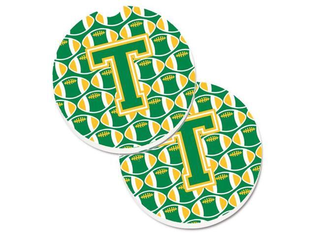 Carolines Treasures CJ1069-TCARC Letter T Football Green & Gold Set of 2 Cup Holder Car Coaster