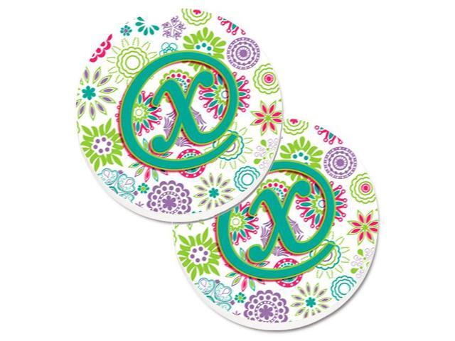 Carolines Treasures CJ2011-XCARC Letter X Flowers Pink & Teal Green Initial Set of 2 Cup Holder Car Coaster