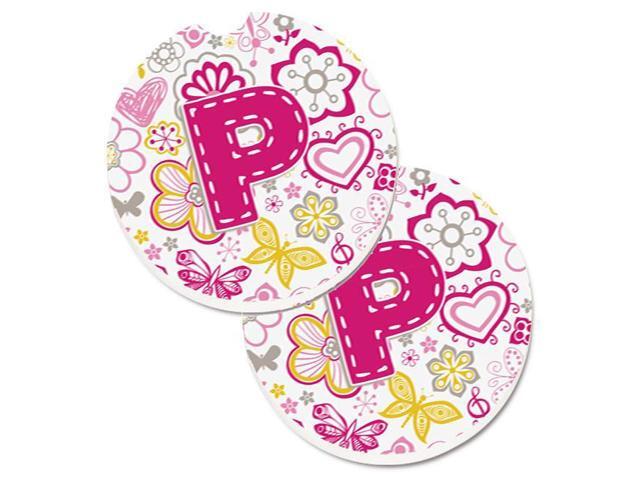 Carolines Treasures CJ2005-PCARC Letter P Flowers & Butterflies Pink Set of 2 Cup Holder Car Coaster