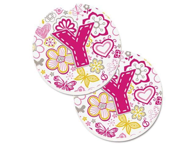 Carolines Treasures CJ2005-YCARC Letter Y Flowers & Butterflies Pink Set of 2 Cup Holder Car Coaster