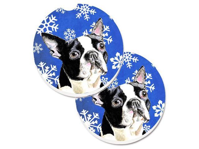 Carolines Treasures SC9360CARC Boston Terrier Winter Snowflakes Holiday Set of 2 Cup Holder Car Coaster