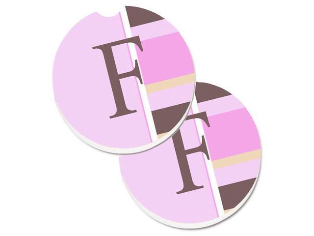 Carolines Treasures CJ1005-FCARC Letter F Initial Monogram Pink Stripes Set of 2 Cup Holder Car Coaster