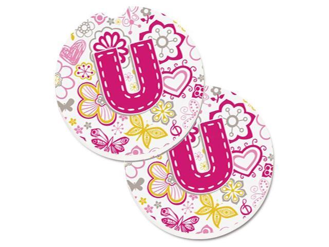 Carolines Treasures CJ2005-UCARC Letter U Flowers & Butterflies Pink Set of 2 Cup Holder Car Coaster