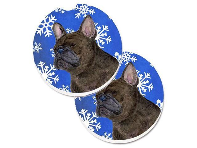 Carolines Treasures SS4657CARC French Bulldog Winter Snowflakes Holiday Set of 2 Cup Holder Car Coaster