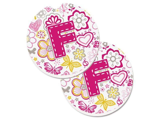 Carolines Treasures CJ2005-FCARC Letter F Flowers & Butterflies Pink Set of 2 Cup Holder Car Coaster