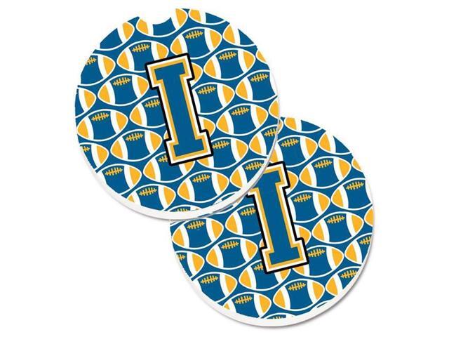 Carolines Treasures CJ1077-ICARC Letter I Football Blue & Gold Set of 2 Cup Holder Car Coaster