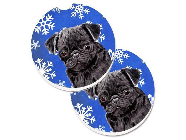 Carolines Treasures SC9366CARC Pug Winter Snowflakes Holiday Set of 2 Cup Holder Car Coaster