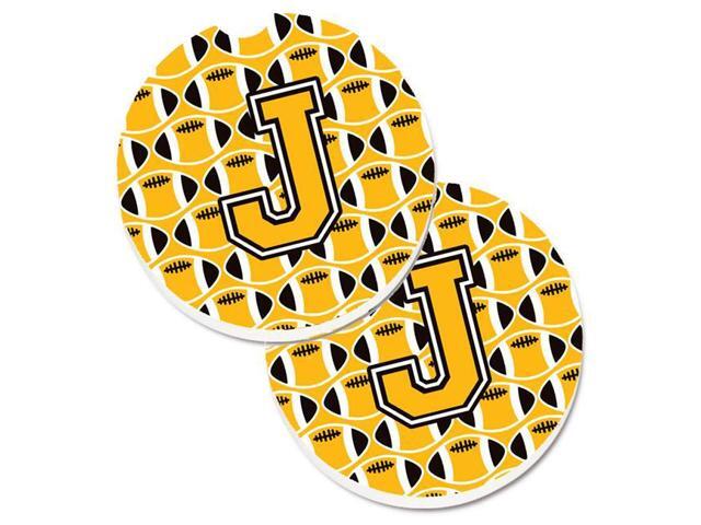 Carolines Treasures CJ1080-JCARC Letter J Football Black with Old Gold & White Set of 2 Cup Holder Car Coaster