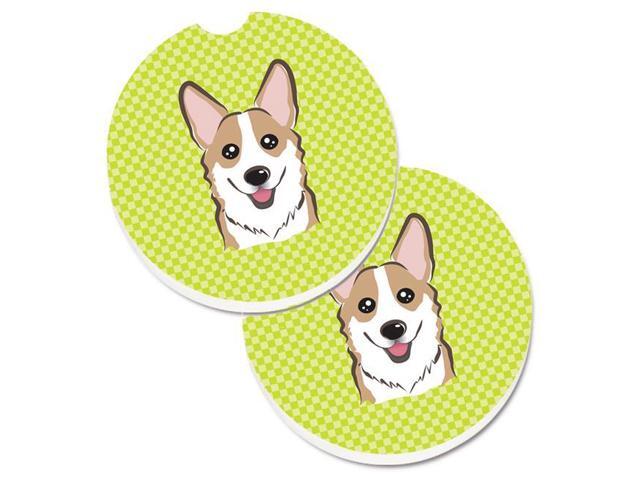 Carolines Treasures BB1315CARC Checkerboard Lime Green Corgi Set of 2 Cup Holder Car Coaster