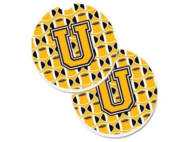 Carolines Treasures CJ1080-UCARC Letter U Football Black with Old Gold & White Set of 2 Cup Holder Car Coaster
