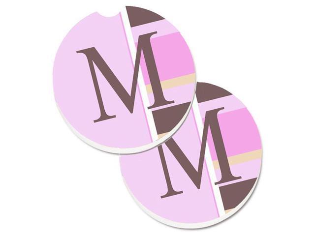 Carolines Treasures CJ1005-MCARC Letter M Initial Monogram Pink Stripes Set of 2 Cup Holder Car Coaster