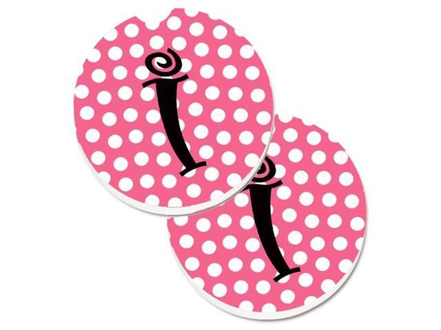 Carolines Treasures CJ1001-ICARC Letter I Monogram Pink & Black Polka Dots Set of 2 Cup Holder Car Coaster