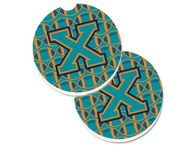 Carolines Treasures CJ1063-XCARC Letter X Football Aqua with Orange & Marine Blue Set of 2 Cup Holder Car Coaster