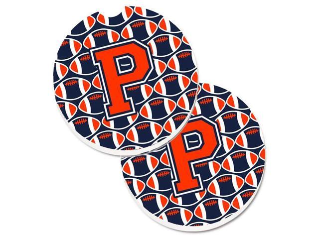 Carolines Treasures CJ1066-PCARC Letter P Football Orange with Blue & White Set of 2 Cup Holder Car Coaster