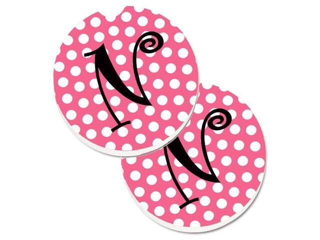 Carolines Treasures CJ1001-NCARC Letter N Monogram Pink & Black Polka Dots Set of 2 Cup Holder Car Coaster