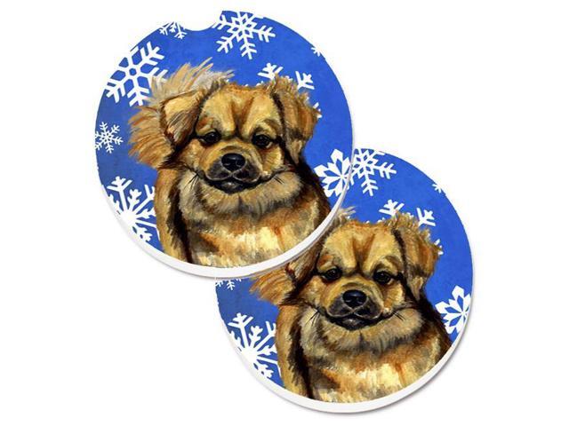 Carolines Treasures LH9304CARC Tibetan Spaniel Winter Snowflakes Holiday Set of 2 Cup Holder Car Coaster