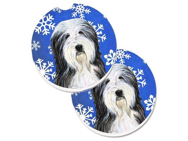 Carolines Treasures SS4635CARC Bearded Collie Winter Snowflakes Holiday Set of 2 Cup Holder Car Coaster
