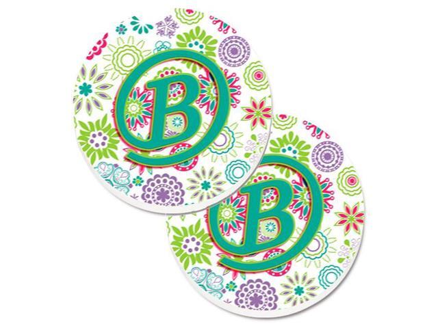 Carolines Treasures CJ2011-BCARC Letter B Flowers Pink & Teal Green Initial Set of 2 Cup Holder Car Coaster
