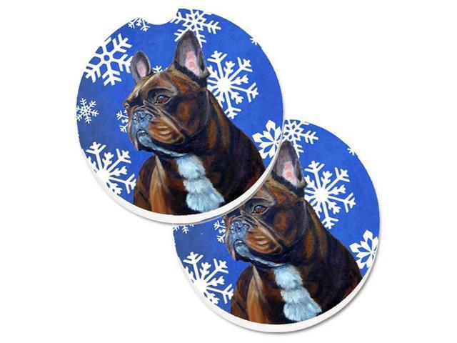 Carolines Treasures LH9295CARC French Bulldog Winter Snowflakes Holiday Set of 2 Cup Holder Car Coaster