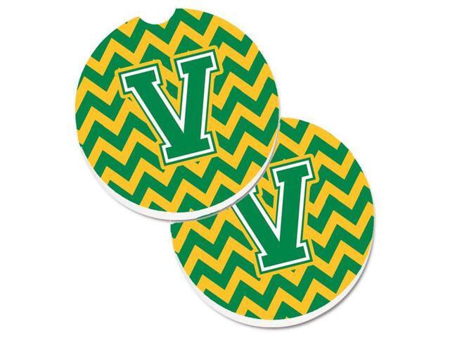 Carolines Treasures CJ1059-VCARC Letter V Chevron Green & Gold Set of 2 Cup Holder Car Coaster