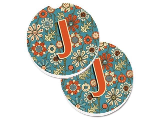 Carolines Treasures CJ2012-JCARC Letter J Flowers Retro Blue Set of 2 Cup Holder Car Coaster