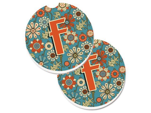 Carolines Treasures CJ2012-FCARC Letter F Flowers Retro Blue Set of 2 Cup Holder Car Coaster