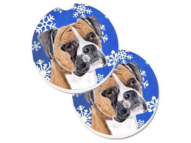 Carolines Treasures SC9390CARC Boxer Winter Snowflakes Holiday Set of 2 Cup Holder Car Coaster