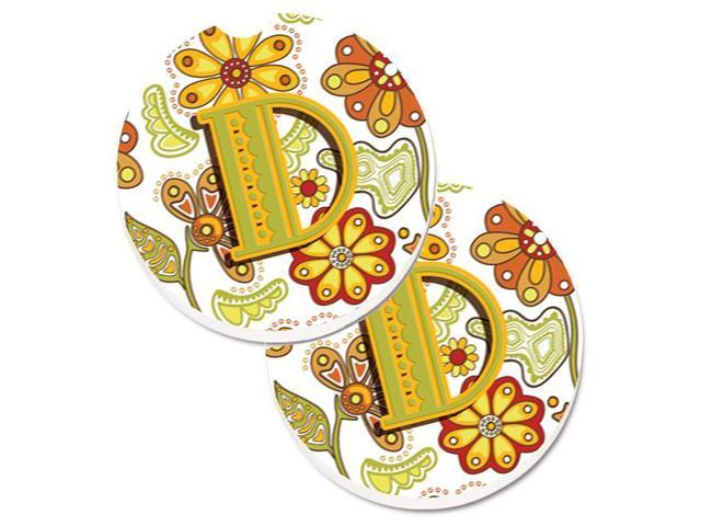 Carolines Treasures CJ2003-DCARC Letter D Floral Mustard & Green Set of 2 Cup Holder Car Coaster