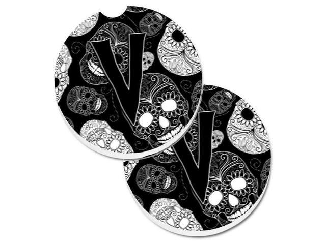 Carolines Treasures CJ2008-VCARC Letter V Day of the Dead Skulls Black Set of 2 Cup Holder Car Coaster