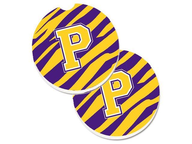 Carolines Treasures CJ1022-PCARC Letter P Monogram Tiger Stripe Purple & Gold Set of 2 Cup Holder Car Coaster