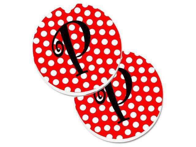Carolines Treasures CJ1012-PCARC Letter P Initial Monogram Red & Black Polka Dots Set of 2 Cup Holder Car Coaster