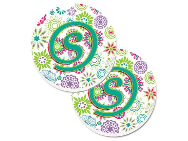 Carolines Treasures CJ2011-SCARC Letter S Flowers Pink & Teal Green Initial Set of 2 Cup Holder Car Coaster