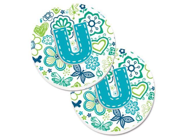 Carolines Treasures CJ2006-UCARC Letter U Flowers & Butterflies Teal Blue Set of 2 Cup Holder Car Coaster