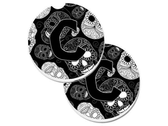 Carolines Treasures CJ2008-CCARC Letter C Day of the Dead Skulls Black Set of 2 Cup Holder Car Coaster