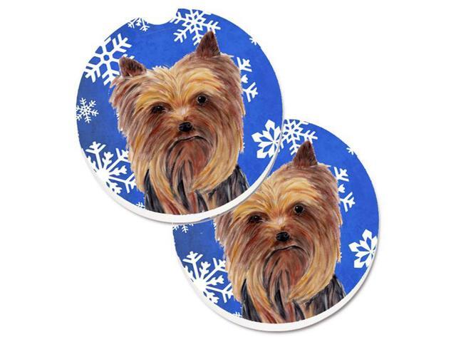 Carolines Treasures SC9365CARC Yorkie Winter Snowflakes Holiday Set of 2 Cup Holder Car Coaster