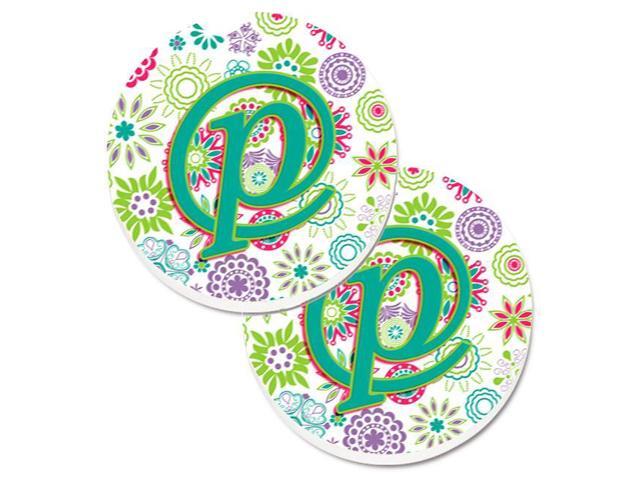 Carolines Treasures CJ2011-PCARC Letter P Flowers Pink & Teal Green Initial Set of 2 Cup Holder Car Coaster