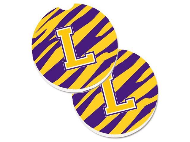 Carolines Treasures CJ1022-LCARC Letter L Monogram Tiger Stripe Purple & Gold Set of 2 Cup Holder Car Coaster