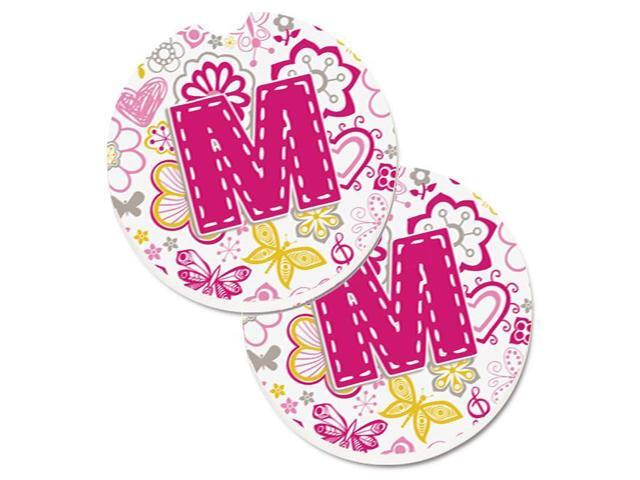 Carolines Treasures CJ2005-MCARC Letter M Flowers & Butterflies Pink Set of 2 Cup Holder Car Coaster