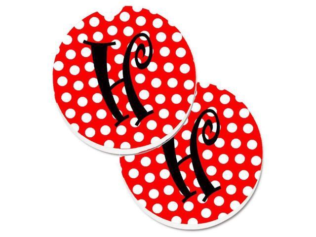 Carolines Treasures CJ1012-HCARC Letter H Initial Monogram Red & Black Polka Dots Set of 2 Cup Holder Car Coaster