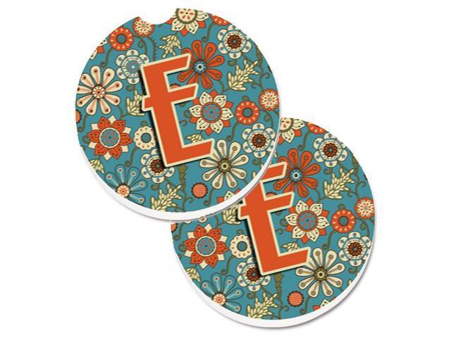 Carolines Treasures CJ2012-ECARC Letter E Flowers Retro Blue Set of 2 Cup Holder Car Coaster