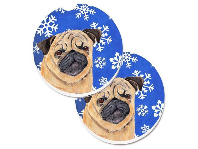 Carolines Treasures SC9371CARC Pug Winter Snowflakes Holiday Set of 2 Cup Holder Car Coaster